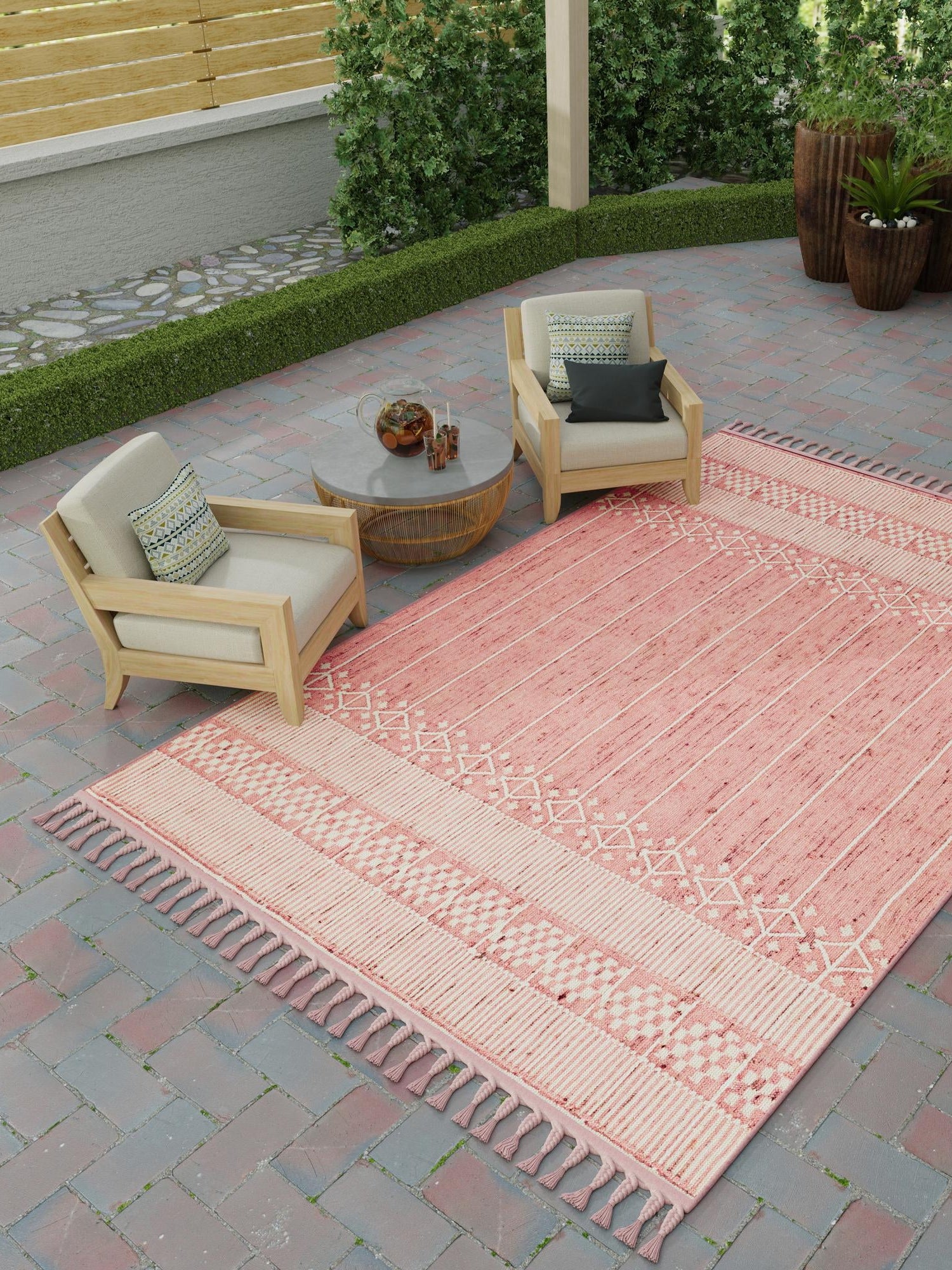 SOFT PINK 10' x 14' 1 Eco Bohemian Indoor Outdoor Rectangle Area Rug Weather Resistant for Patio, Deck, Terrace, Balcony, Porch 100% Recycled PET Polyester Carpet Mat for Sale at Rug Engine