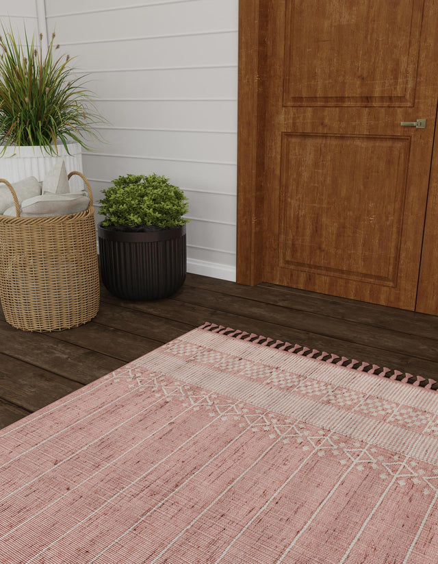 SOFT PINK 7' 10 x 10' Eco Bohemian Indoor Outdoor Rectangle Area Rug Weather Resistant for Patio, Deck, Terrace, Balcony, Porch 100% Recycled PET Polyester Carpet Mat for Sale at Rug Engine