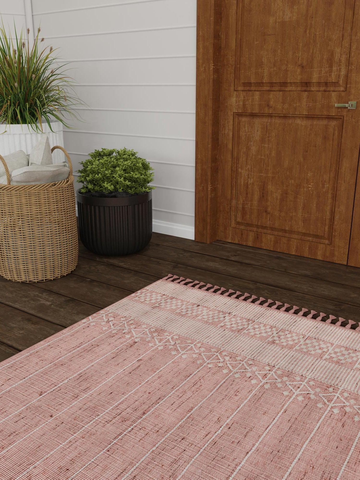 SOFT PINK 10' x 14' 1 Eco Bohemian Indoor Outdoor Rectangle Area Rug Weather Resistant for Patio, Deck, Terrace, Balcony, Porch 100% Recycled PET Polyester Carpet Mat for Sale at Rug Engine