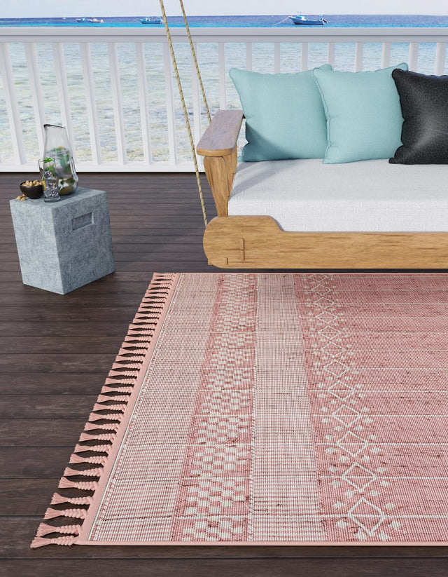 SOFT PINK 10' x 14' 1 Eco Bohemian Indoor Outdoor Rectangle Area Rug Weather Resistant for Patio, Deck, Terrace, Balcony, Porch 100% Recycled PET Polyester Carpet Mat for Sale at Rug Engine