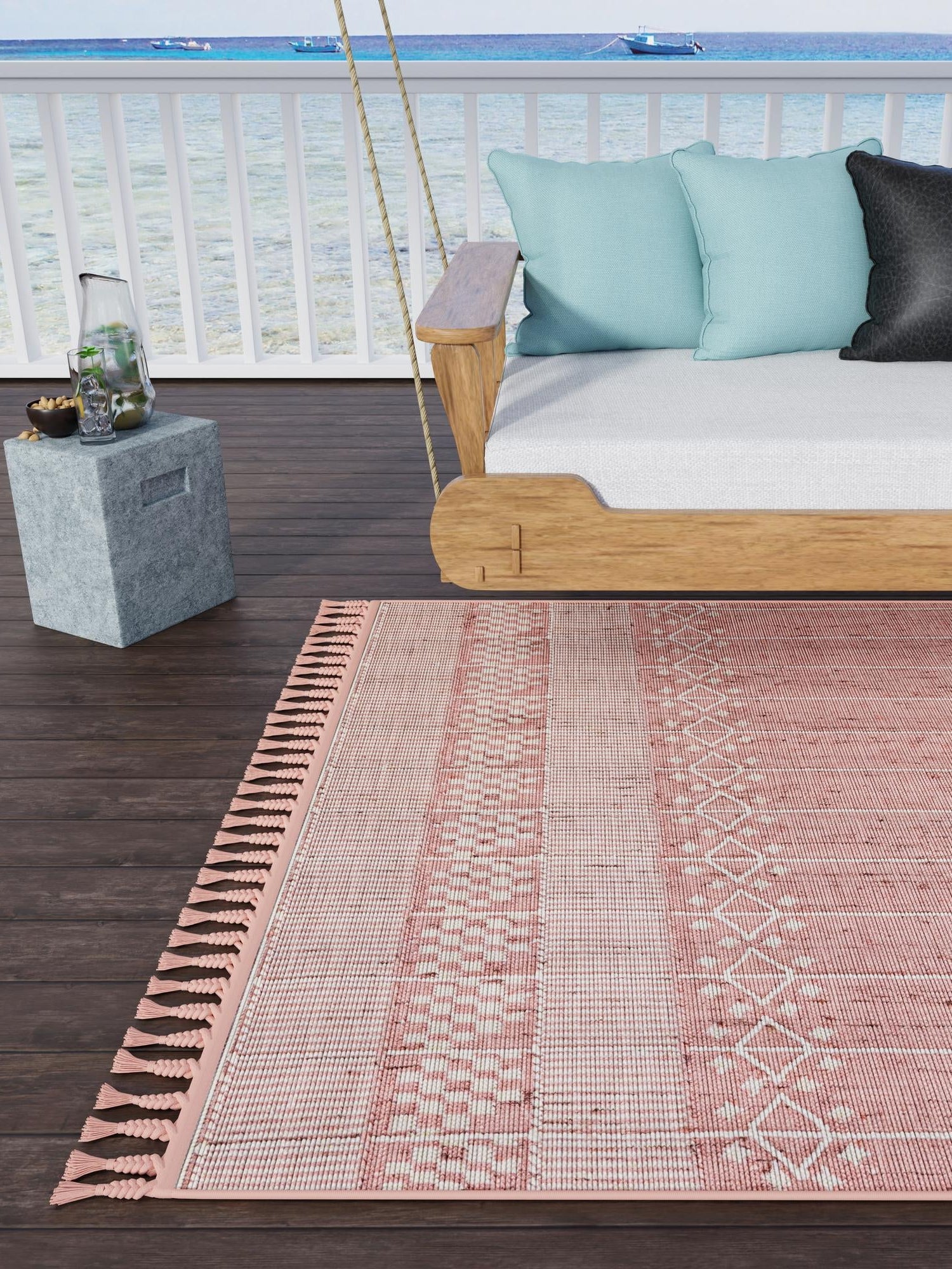 SOFT PINK 2' x 3' 1 Eco Bohemian Indoor Outdoor Rectangle Area Rug Weather Resistant for Patio, Deck, Terrace, Balcony, Porch 100% Recycled PET Polyester Carpet Mat for Sale at Rug Engine