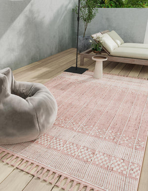 SOFT PINK 9' x 12' Eco Bohemian Indoor Outdoor Rectangle Area Rug Weather Resistant for Patio, Deck, Terrace, Balcony, Porch 100% Recycled PET Polyester Carpet Mat for Sale at Rug Engine