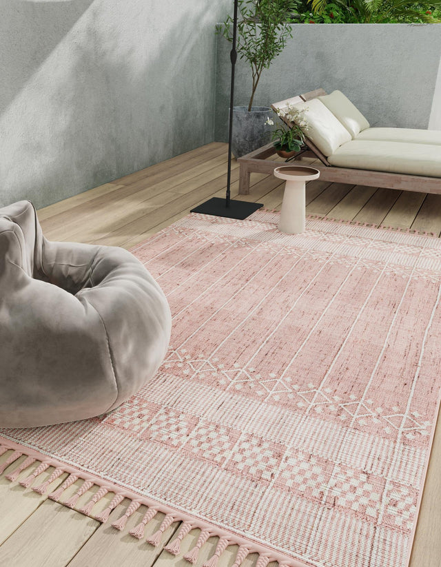 SOFT PINK 9' x 12' Eco Bohemian Indoor Outdoor Rectangle Area Rug Weather Resistant for Patio, Deck, Terrace, Balcony, Porch 100% Recycled PET Polyester Carpet Mat for Sale at Rug Engine