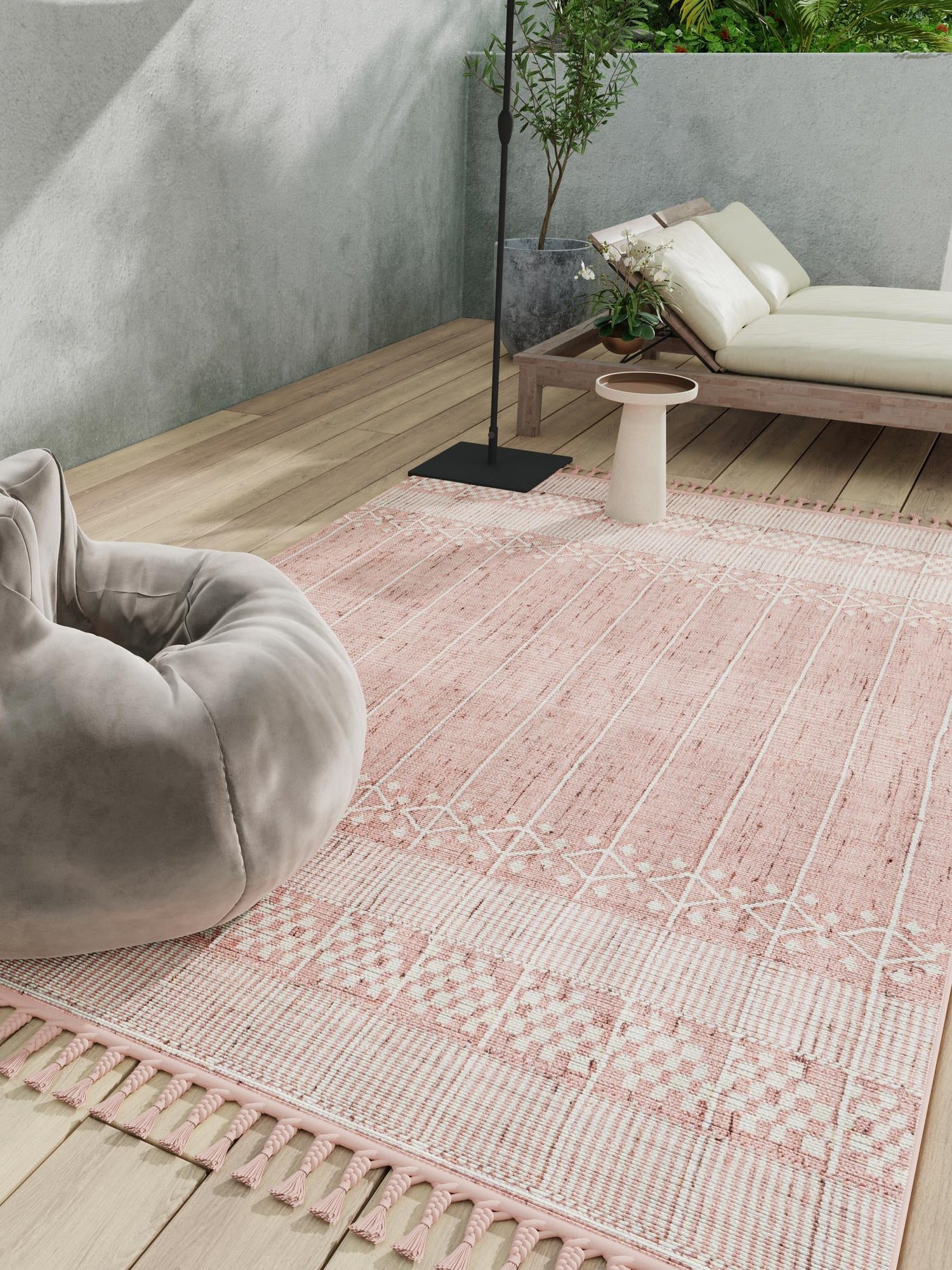SOFT PINK 2' x 3' 1 Eco Bohemian Indoor Outdoor Rectangle Area Rug Weather Resistant for Patio, Deck, Terrace, Balcony, Porch 100% Recycled PET Polyester Carpet Mat for Sale at Rug Engine