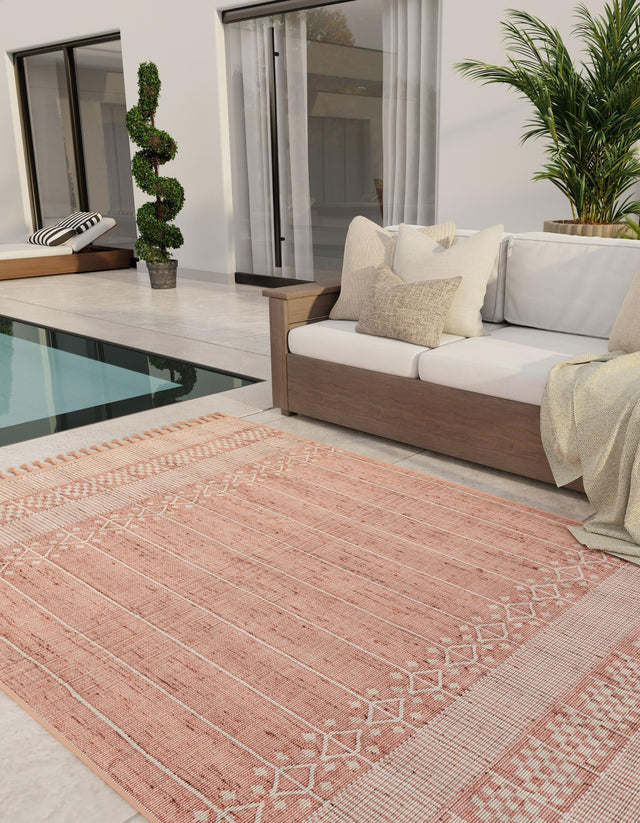 SOFT PINK 9' x 12' Eco Bohemian Indoor Outdoor Rectangle Area Rug Weather Resistant for Patio, Deck, Terrace, Balcony, Porch 100% Recycled PET Polyester Carpet Mat for Sale at Rug Engine