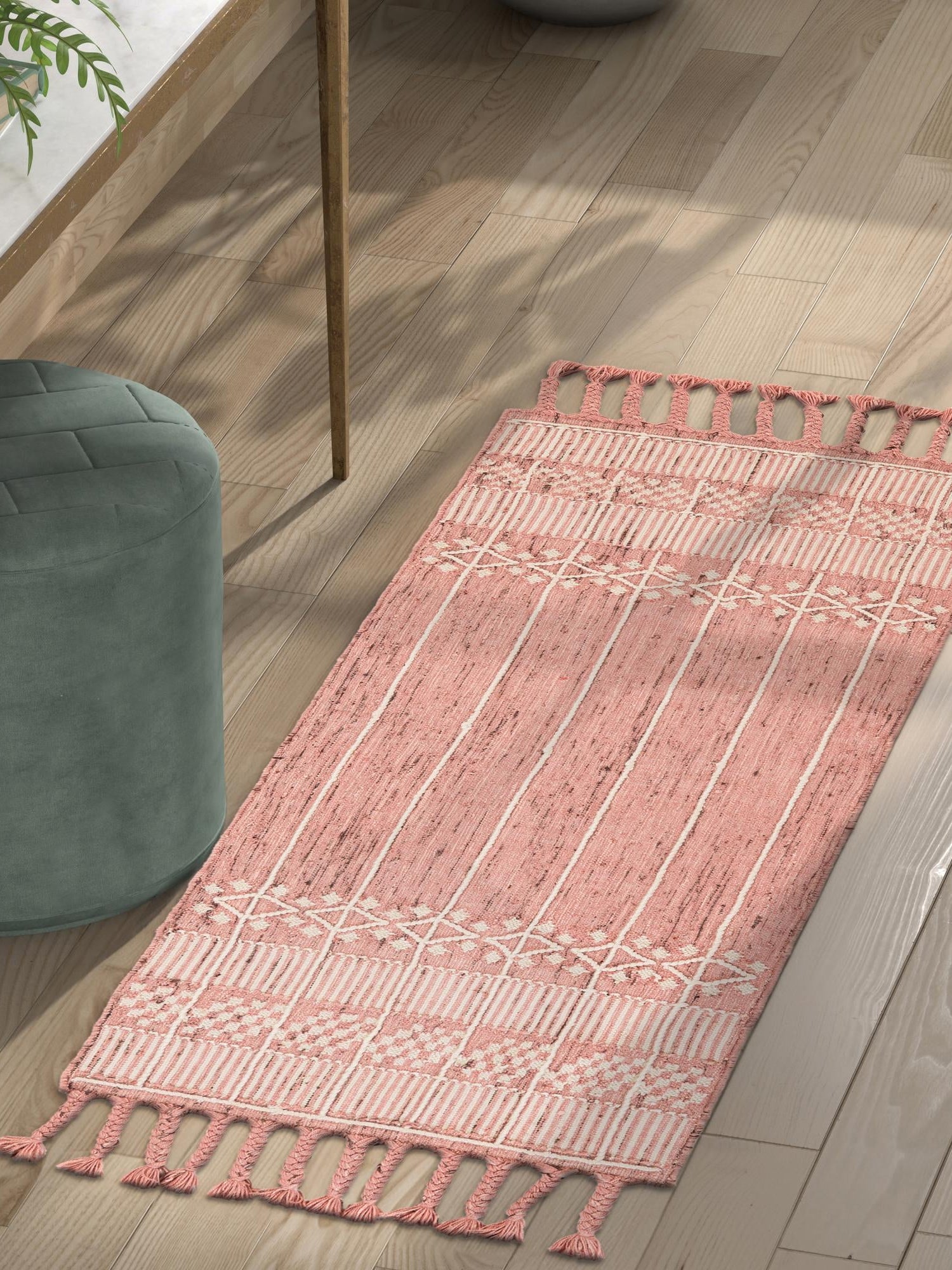 SOFT PINK 2' 2 x 6' 7 Eco Bohemian Indoor Outdoor Runner Area Rug Weather Resistant for Patio, Deck, Terrace, Balcony, Porch 100% Recycled PET Polyester Carpet Mat for Sale at Rug Engine