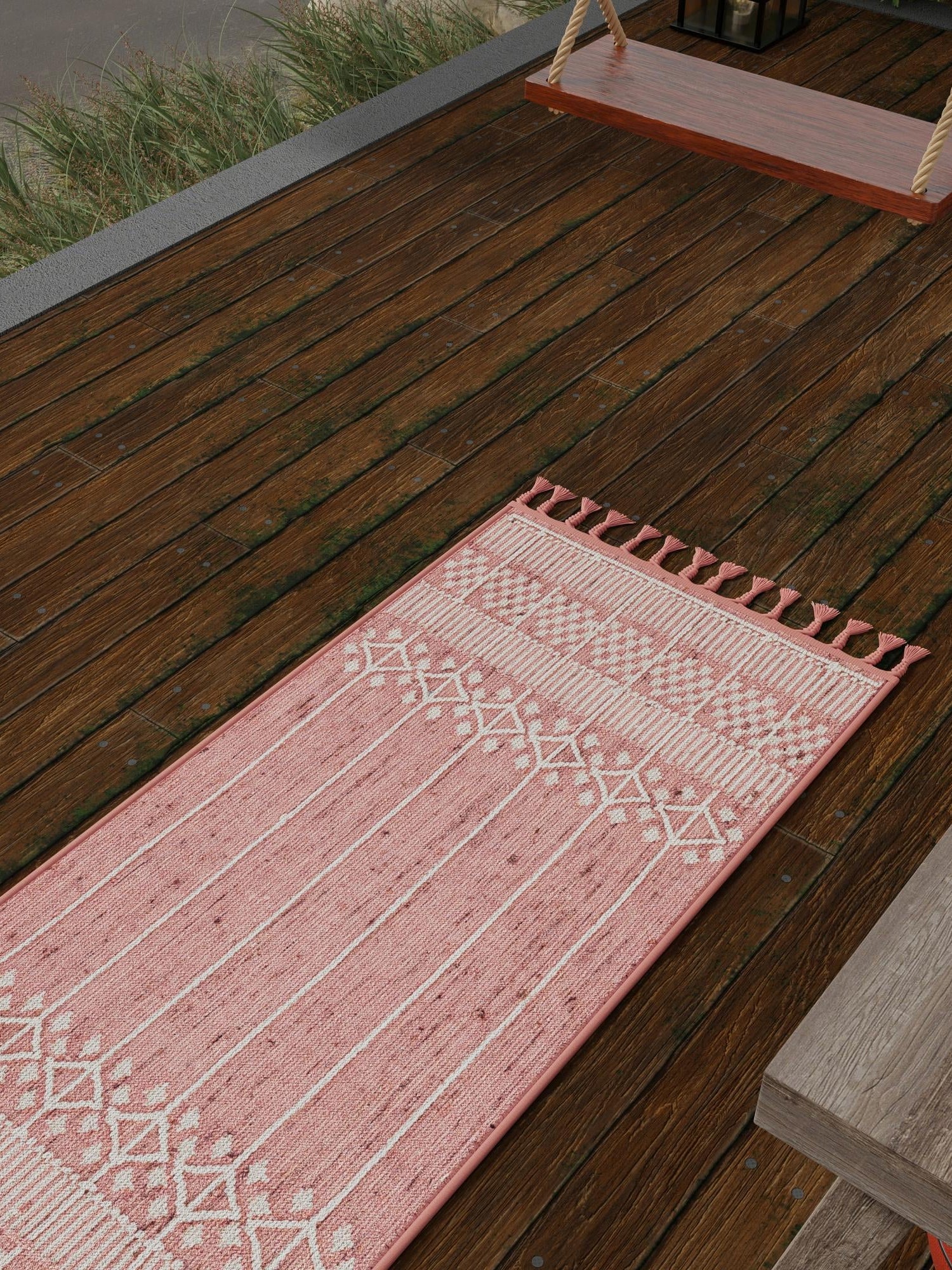 SOFT PINK 2' 2 x 6' 7 Eco Bohemian Indoor Outdoor Runner Area Rug Weather Resistant for Patio, Deck, Terrace, Balcony, Porch 100% Recycled PET Polyester Carpet Mat for Sale at Rug Engine