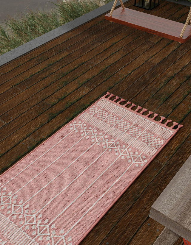SOFT PINK 2' 2 x 6' 7 Eco Bohemian Indoor Outdoor Runner Area Rug Weather Resistant for Patio, Deck, Terrace, Balcony, Porch 100% Recycled PET Polyester Carpet Mat for Sale at Rug Engine