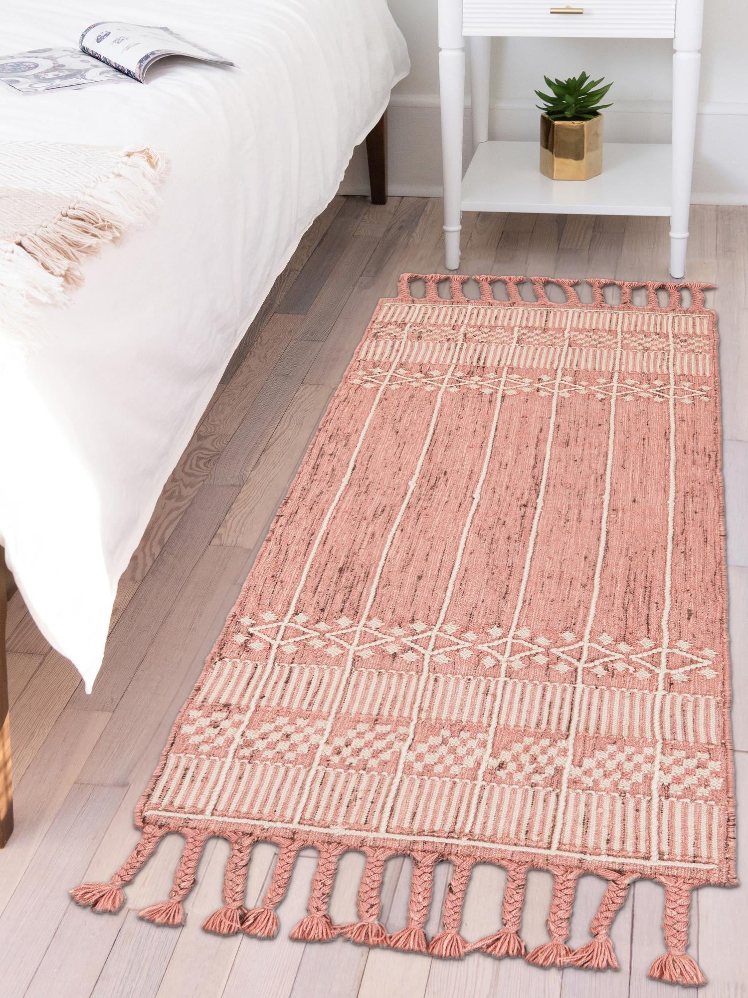 SOFT PINK 2' 2 x 6' 7 Eco Bohemian Indoor Outdoor Runner Area Rug Weather Resistant for Patio, Deck, Terrace, Balcony, Porch 100% Recycled PET Polyester Carpet Mat for Sale at Rug Engine