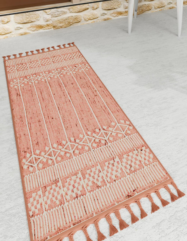 SOFT PINK 2' 2 x 8' 2 Eco Bohemian Indoor Outdoor Runner Area Rug Weather Resistant for Patio, Deck, Terrace, Balcony, Porch 100% Recycled PET Polyester Carpet Mat for Sale at Rug Engine