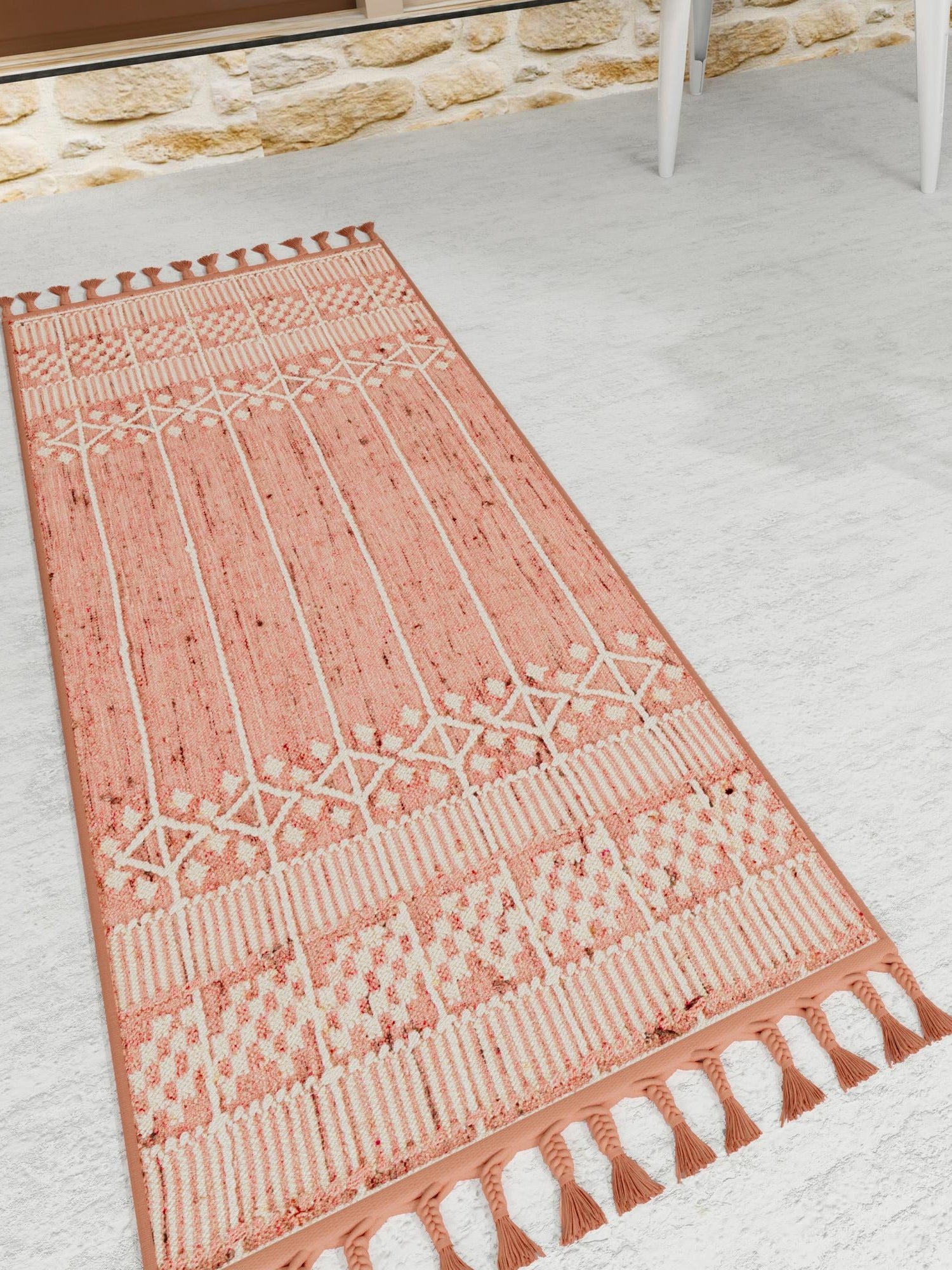 SOFT PINK 2' 2 x 6' 7 Eco Bohemian Indoor Outdoor Runner Area Rug Weather Resistant for Patio, Deck, Terrace, Balcony, Porch 100% Recycled PET Polyester Carpet Mat for Sale at Rug Engine