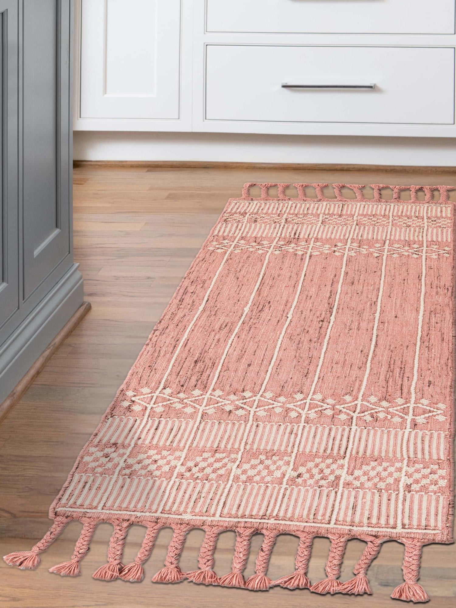 SOFT PINK 2' 2 x 5' 1 Eco Bohemian Indoor Outdoor Runner Area Rug Weather Resistant for Patio, Deck, Terrace, Balcony, Porch 100% Recycled PET Polyester Carpet Mat for Sale at Rug Engine