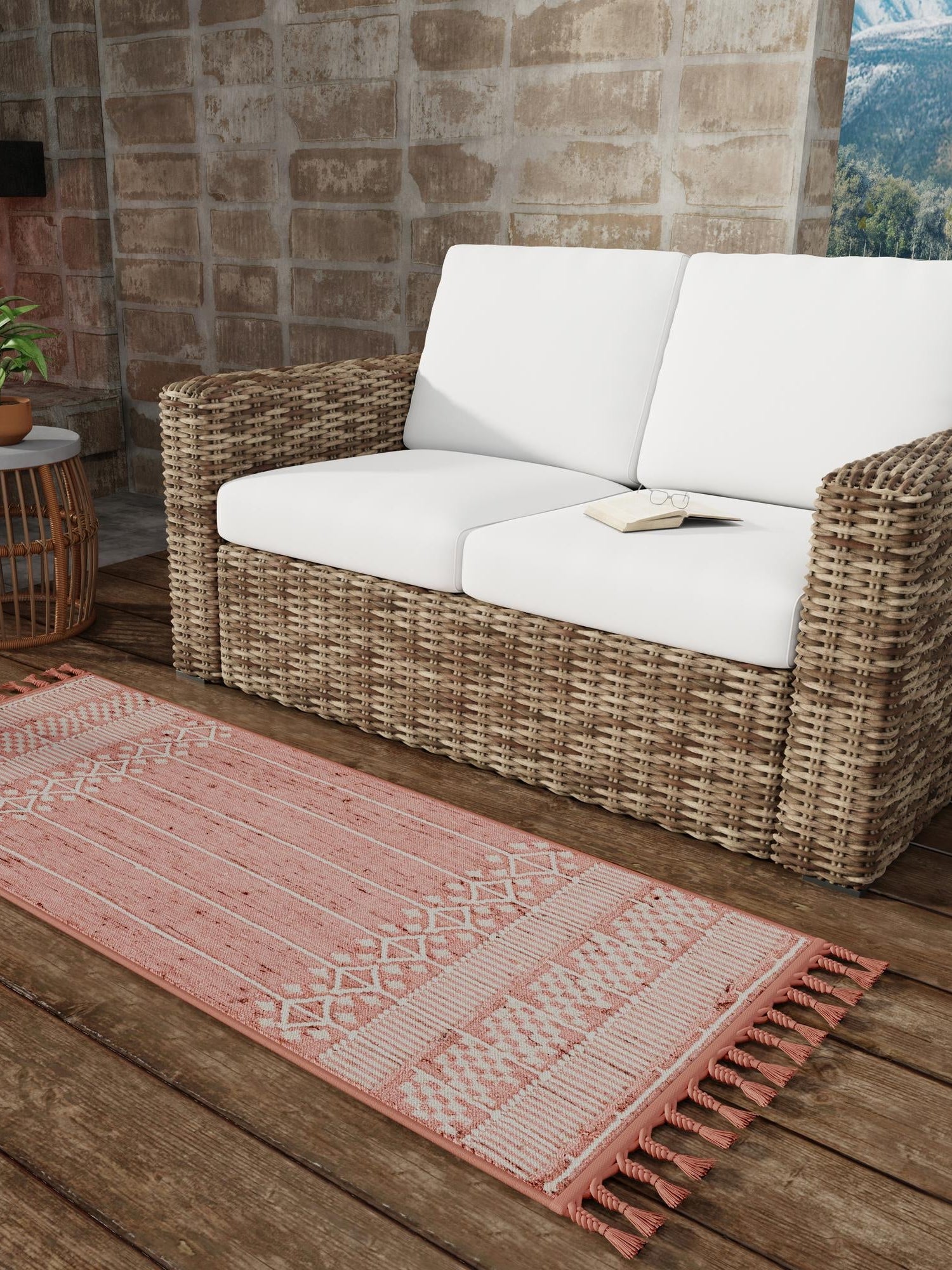 SOFT PINK 2' 2 x 5' 1 Eco Bohemian Indoor Outdoor Runner Area Rug Weather Resistant for Patio, Deck, Terrace, Balcony, Porch 100% Recycled PET Polyester Carpet Mat for Sale at Rug Engine