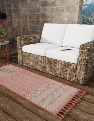 SOFT PINK 2' 2 x 5' 1 Eco Bohemian Indoor Outdoor Runner Area Rug Weather Resistant for Patio, Deck, Terrace, Balcony, Porch 100% Recycled PET Polyester Carpet Mat for Sale at Rug Engine
