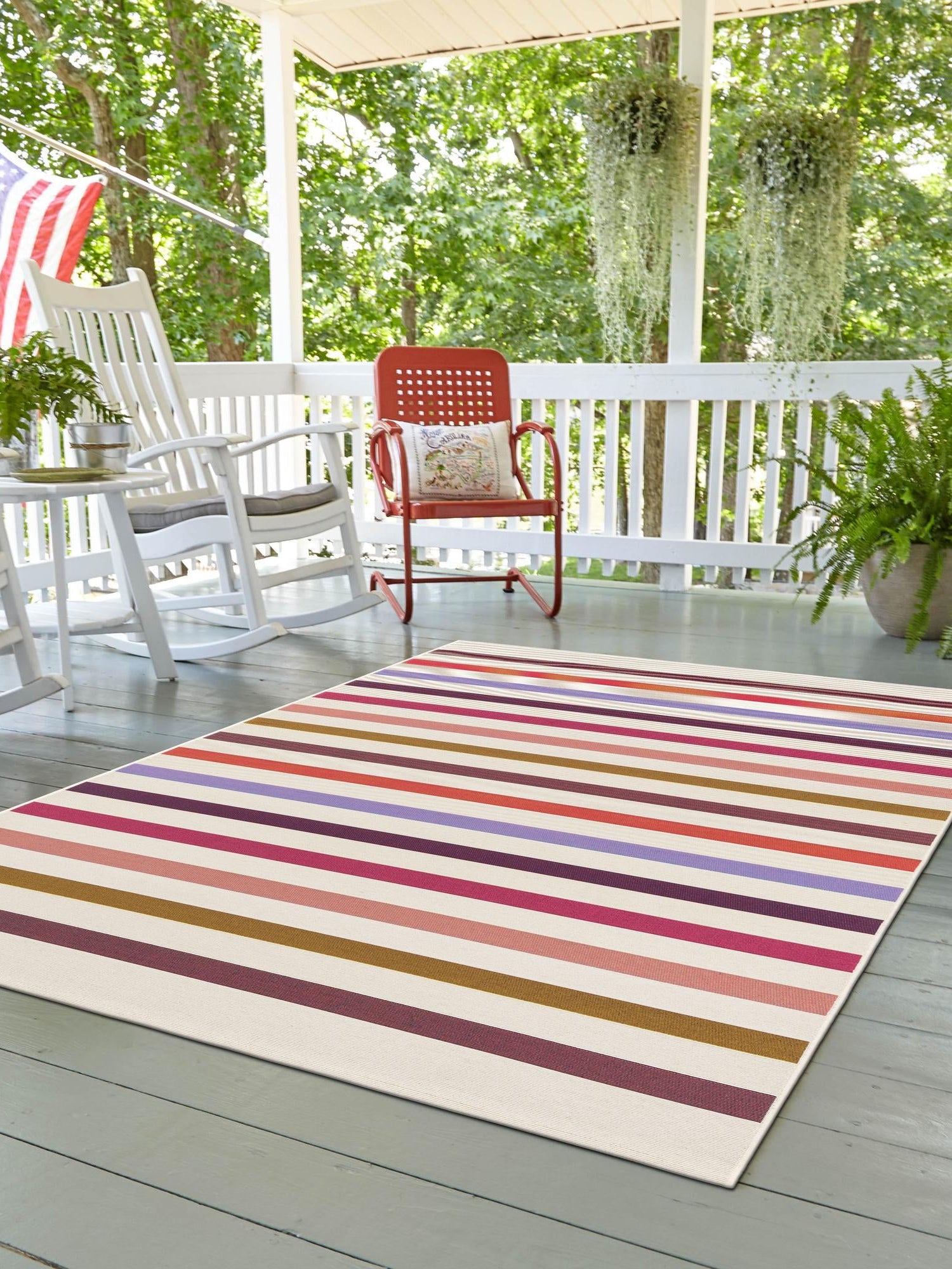 White 7' 10 x 10' Outdoor Striped Rectangle Area Rug Weather Resistant for Patio, Deck, Terrace, Balcony, Porch Geometric Pattern Waterproof Carpet for Sale at Rug Engine
