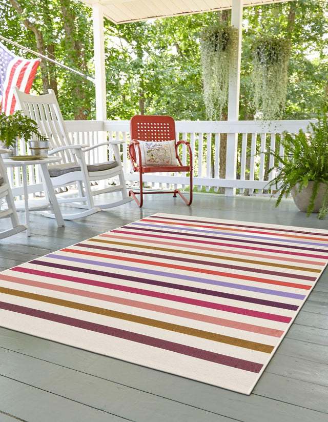 White 7' 10 x 10' Outdoor Striped Rectangle Area Rug Weather Resistant for Patio, Deck, Terrace, Balcony, Porch Geometric Pattern Waterproof Carpet for Sale at Rug Engine