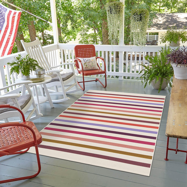 White 5' 3 x 8' Outdoor Striped Rectangle Area Rug Weather Resistant for Patio, Deck, Terrace, Balcony, Porch Geometric Pattern Waterproof Carpet for Sale at Rug Engine