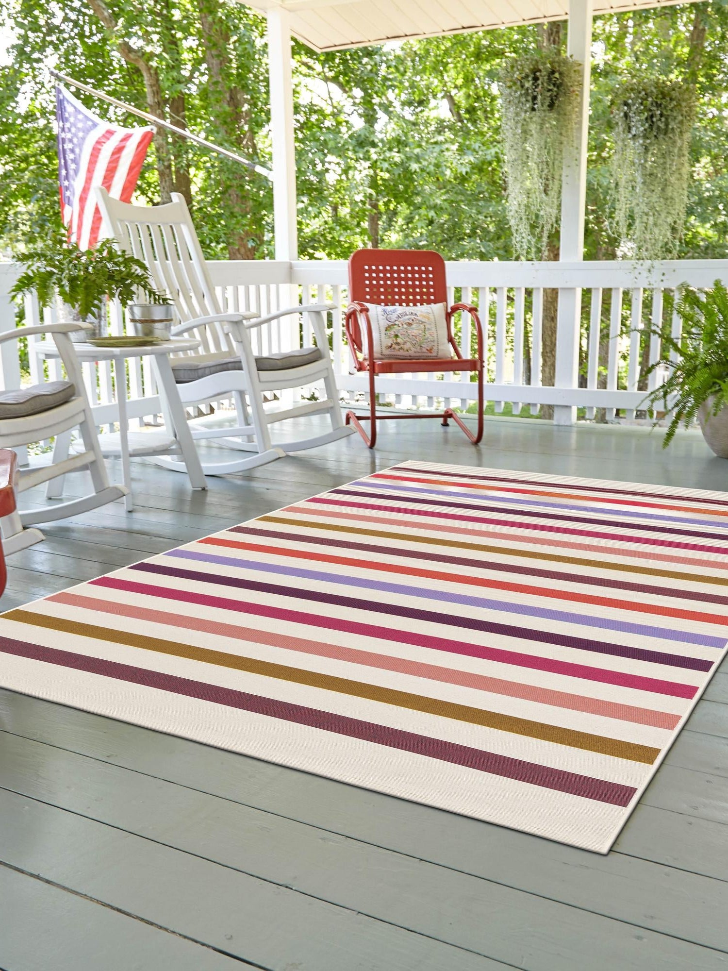 White 5' 3 x 8' Outdoor Striped Rectangle Area Rug Weather Resistant for Patio, Deck, Terrace, Balcony, Porch Geometric Pattern Waterproof Carpet for Sale at Rug Engine