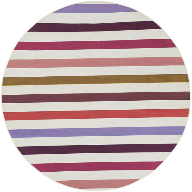 White 6' 1 x 6' 1 Outdoor Striped Round Area Rug Weather Resistant for Patio, Deck, Terrace, Balcony, Porch Geometric Pattern Waterproof Carpet for Sale at Rug Engine