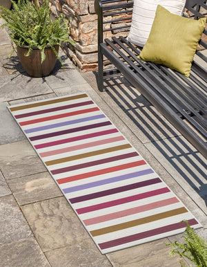 White 2' 7 x 10' Outdoor Striped Runner Area Rug Weather Resistant for Patio, Deck, Terrace, Balcony, Porch Geometric Pattern Waterproof Carpet for Sale at Rug Engine