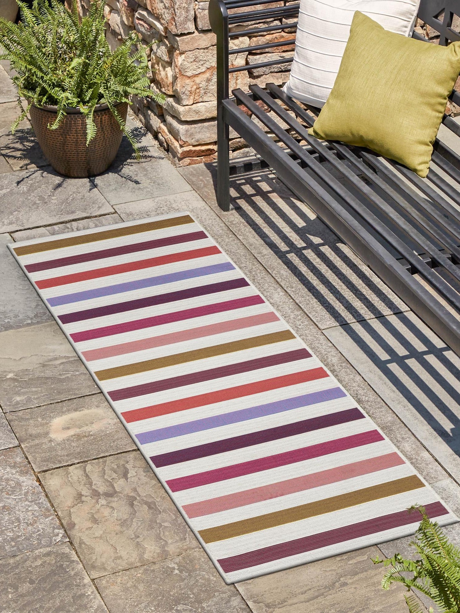 White 2' x 8' Outdoor Striped Runner Area Rug Weather Resistant for Patio, Deck, Terrace, Balcony, Porch Geometric Pattern Waterproof Carpet for Sale at Rug Engine