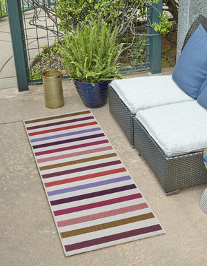 White 2' 7 x 12' Outdoor Striped Runner Area Rug Weather Resistant for Patio, Deck, Terrace, Balcony, Porch Geometric Pattern Waterproof Carpet for Sale at Rug Engine