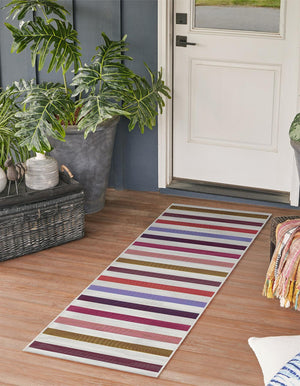 White 2' x 8' Outdoor Striped Runner Area Rug Weather Resistant for Patio, Deck, Terrace, Balcony, Porch Geometric Pattern Waterproof Carpet for Sale at Rug Engine