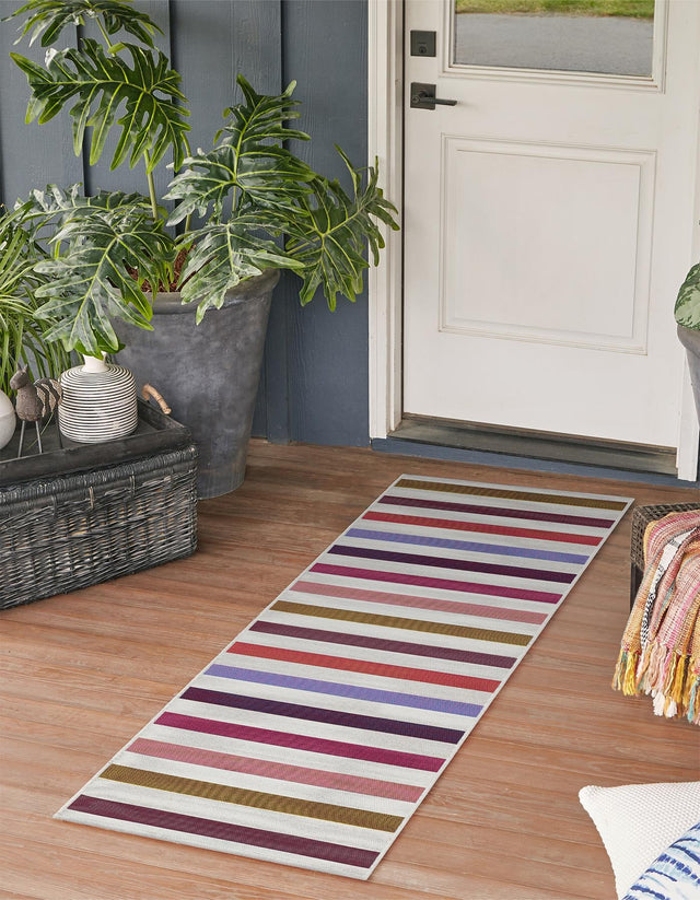 White 2' x 8' Outdoor Striped Runner Area Rug Weather Resistant for Patio, Deck, Terrace, Balcony, Porch Geometric Pattern Waterproof Carpet for Sale at Rug Engine