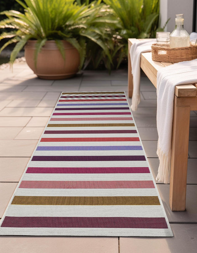 White 2' 7 x 12' Outdoor Striped Runner Area Rug Weather Resistant for Patio, Deck, Terrace, Balcony, Porch Geometric Pattern Waterproof Carpet for Sale at Rug Engine