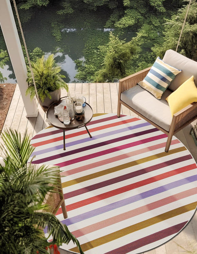 White 10' x 10' Outdoor Striped Round Area Rug Weather Resistant for Patio, Deck, Terrace, Balcony, Porch Geometric Pattern Waterproof Carpet for Sale at Rug Engine