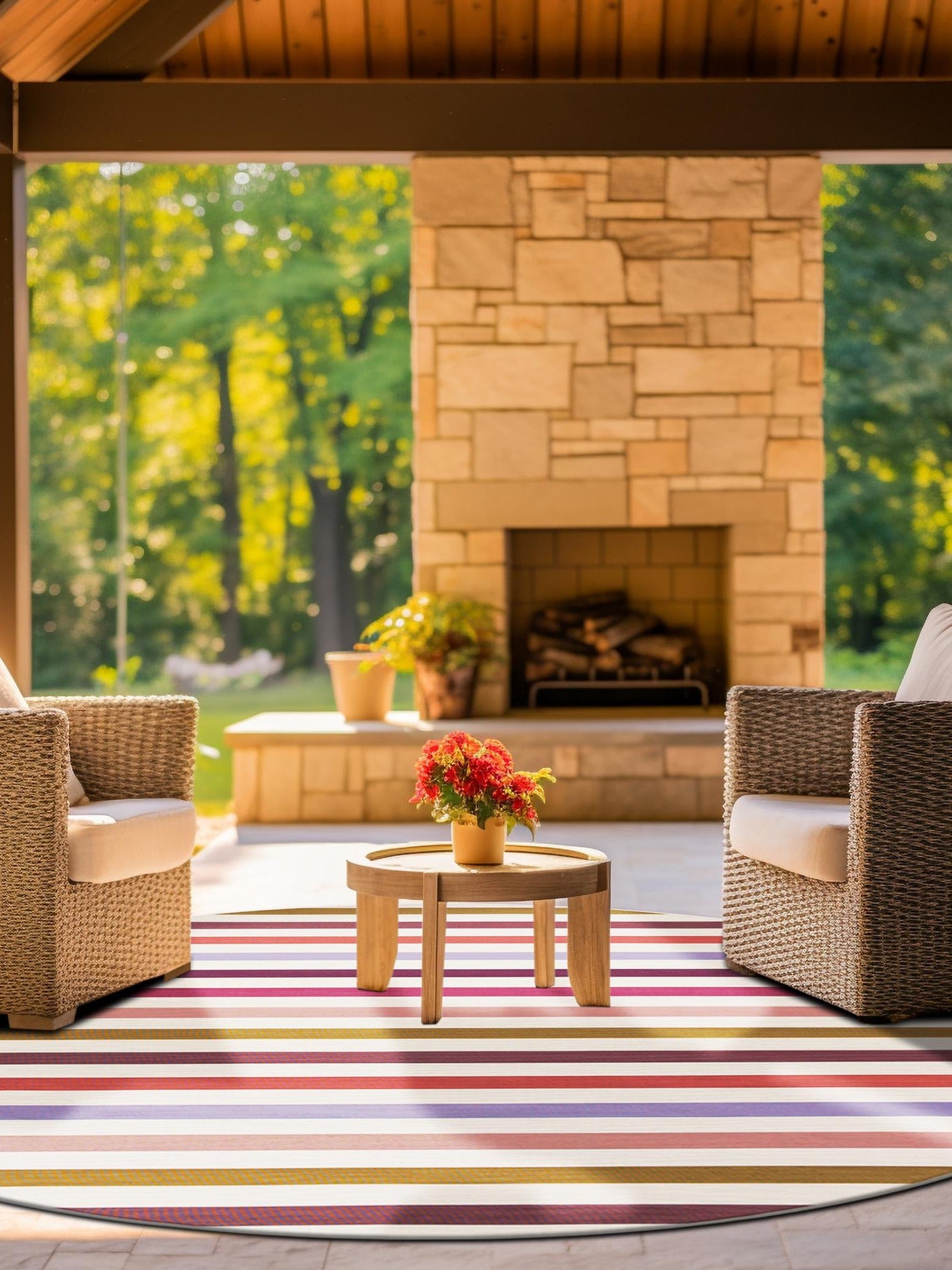 White 7' 10 x 7' 10 Outdoor Striped Round Area Rug Weather Resistant for Patio, Deck, Terrace, Balcony, Porch Geometric Pattern Waterproof Carpet for Sale at Rug Engine