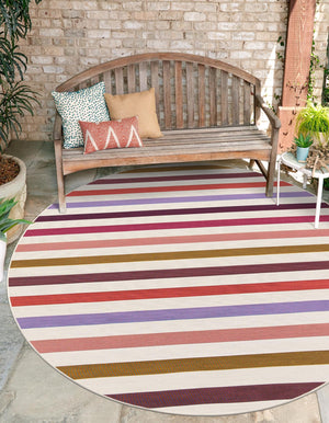 White 6' 1 x 6' 1 Outdoor Striped Round Area Rug Weather Resistant for Patio, Deck, Terrace, Balcony, Porch Geometric Pattern Waterproof Carpet for Sale at Rug Engine