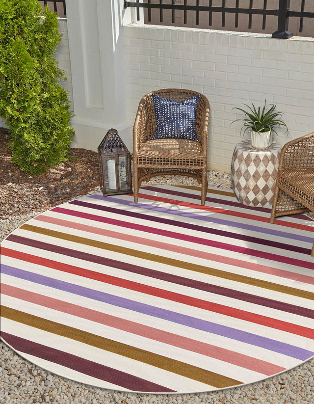 White 10' x 10' Outdoor Striped Round Area Rug Weather Resistant for Patio, Deck, Terrace, Balcony, Porch Geometric Pattern Waterproof Carpet for Sale at Rug Engine
