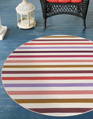 White 6' 1 x 6' 1 Outdoor Striped Round Area Rug Weather Resistant for Patio, Deck, Terrace, Balcony, Porch Geometric Pattern Waterproof Carpet for Sale at Rug Engine