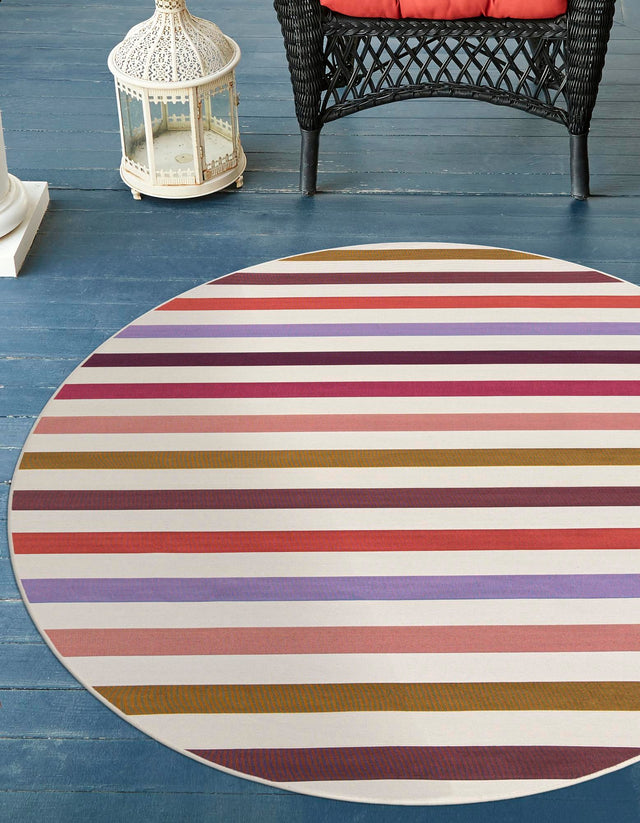 White 6' 1 x 6' 1 Outdoor Striped Round Area Rug Weather Resistant for Patio, Deck, Terrace, Balcony, Porch Geometric Pattern Waterproof Carpet for Sale at Rug Engine