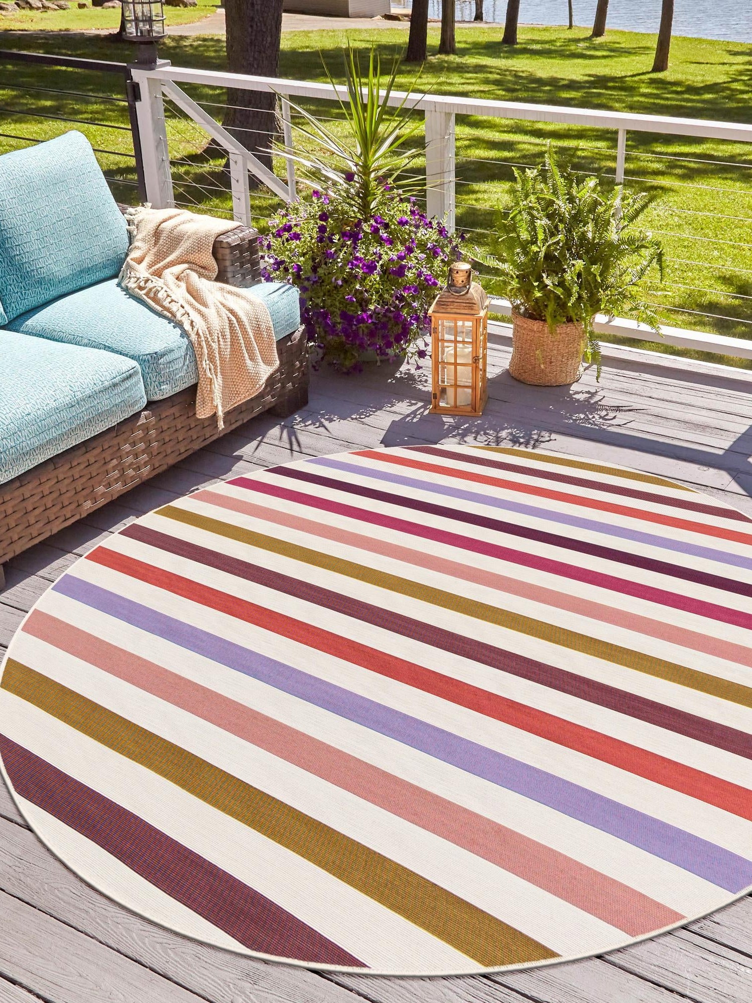 White 3' 1 x 3' 1 Outdoor Striped Round Area Rug Weather Resistant for Patio, Deck, Terrace, Balcony, Porch Geometric Pattern Waterproof Carpet for Sale at Rug Engine