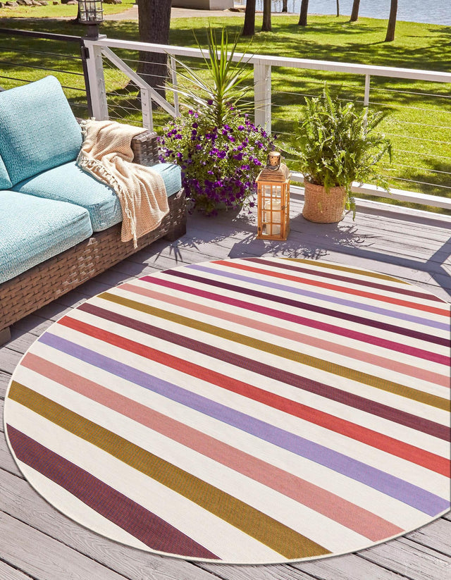 White 3' 1 x 3' 1 Outdoor Striped Round Area Rug Weather Resistant for Patio, Deck, Terrace, Balcony, Porch Geometric Pattern Waterproof Carpet for Sale at Rug Engine