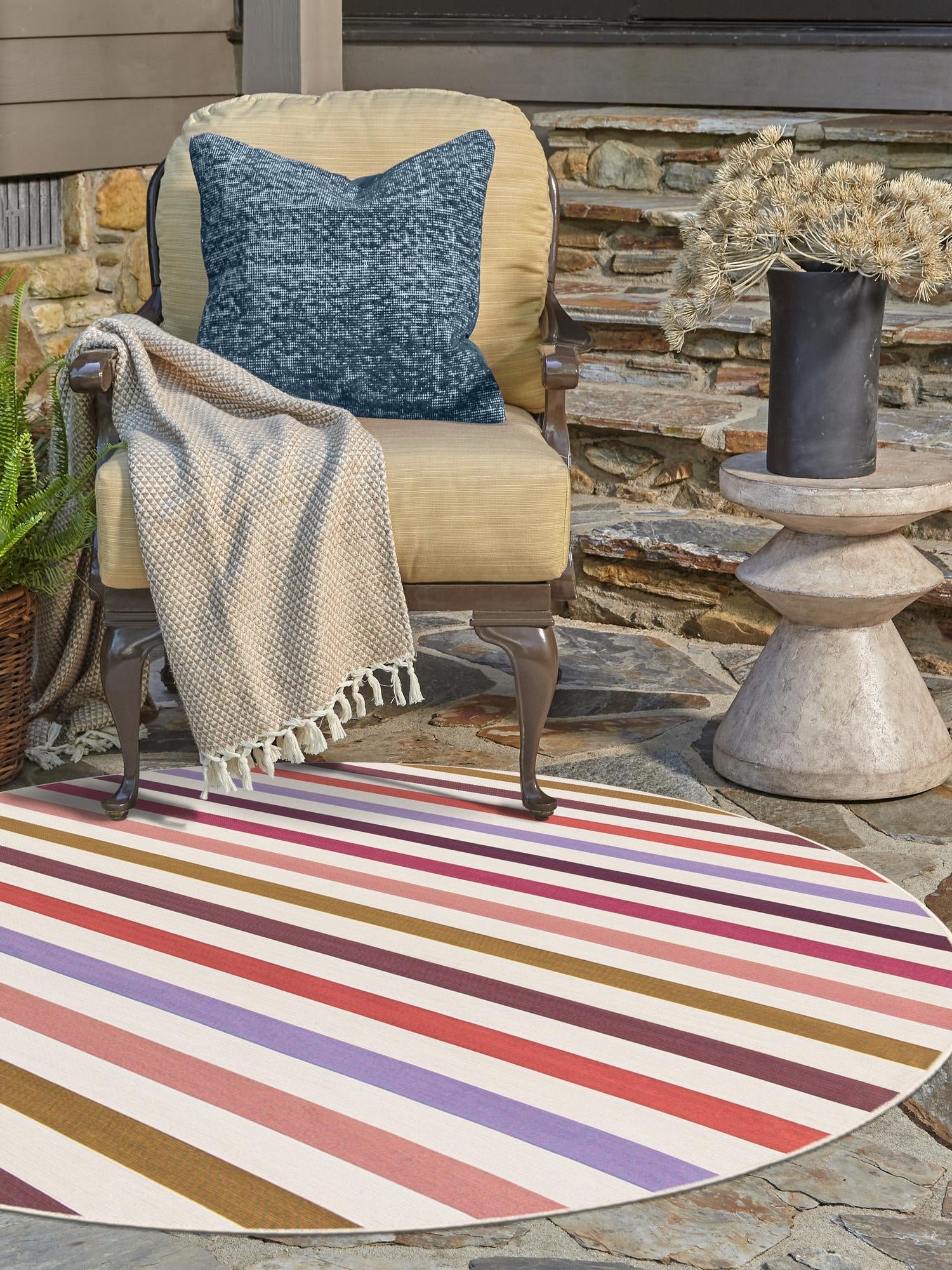White 6' 1 x 6' 1 Outdoor Striped Round Area Rug Weather Resistant for Patio, Deck, Terrace, Balcony, Porch Geometric Pattern Waterproof Carpet for Sale at Rug Engine