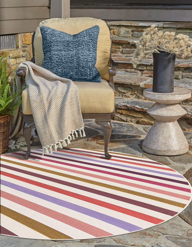 White 3' 1 x 3' 1 Outdoor Striped Round Area Rug Weather Resistant for Patio, Deck, Terrace, Balcony, Porch Geometric Pattern Waterproof Carpet for Sale at Rug Engine