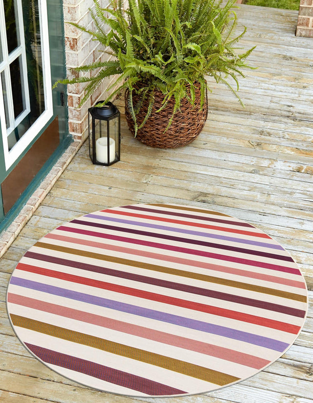 White 7' 10 x 7' 10 Outdoor Striped Round Area Rug Weather Resistant for Patio, Deck, Terrace, Balcony, Porch Geometric Pattern Waterproof Carpet for Sale at Rug Engine