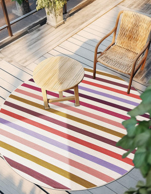 White 3' 1 x 3' 1 Outdoor Striped Round Area Rug Weather Resistant for Patio, Deck, Terrace, Balcony, Porch Geometric Pattern Waterproof Carpet for Sale at Rug Engine