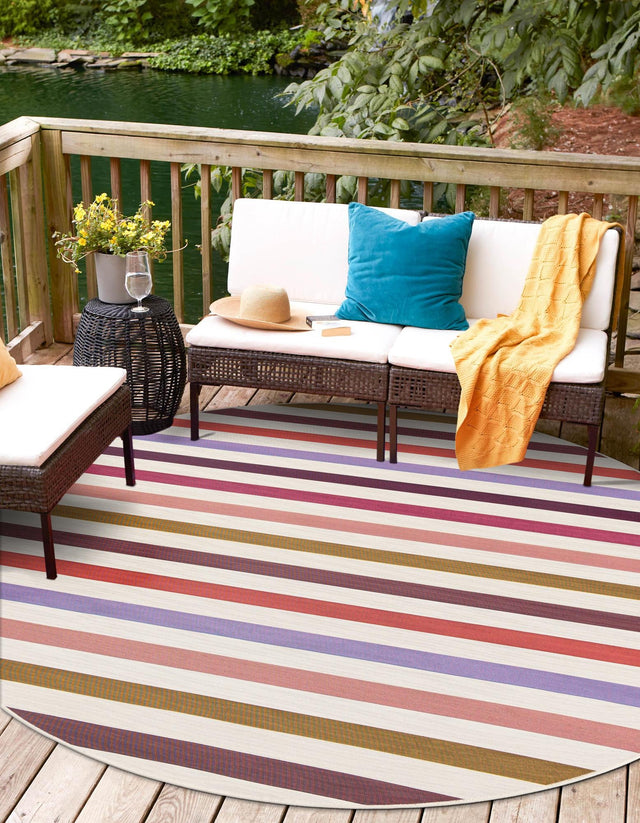 White 10' x 10' Outdoor Striped Round Area Rug Weather Resistant for Patio, Deck, Terrace, Balcony, Porch Geometric Pattern Waterproof Carpet for Sale at Rug Engine