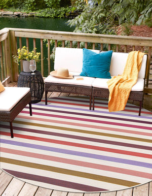 White 3' 1 x 3' 1 Outdoor Striped Round Area Rug Weather Resistant for Patio, Deck, Terrace, Balcony, Porch Geometric Pattern Waterproof Carpet for Sale at Rug Engine