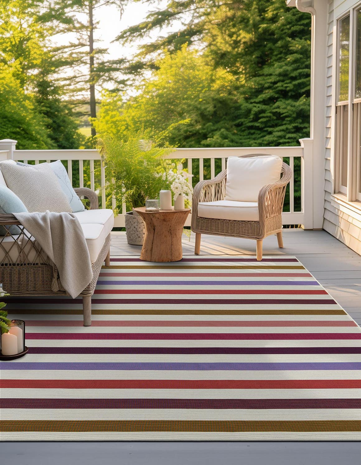White 10' x 10' Outdoor Striped Square Area Rug Weather Resistant for Patio, Deck, Terrace, Balcony, Porch Geometric Pattern Waterproof Carpet for Sale at Rug Engine