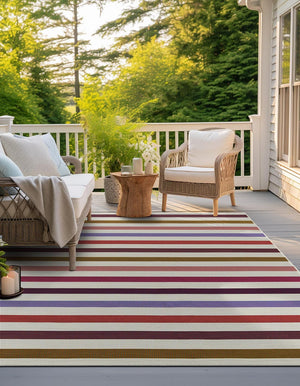 White 10' x 10' Outdoor Striped Square Area Rug Weather Resistant for Patio, Deck, Terrace, Balcony, Porch Geometric Pattern Waterproof Carpet for Sale at Rug Engine