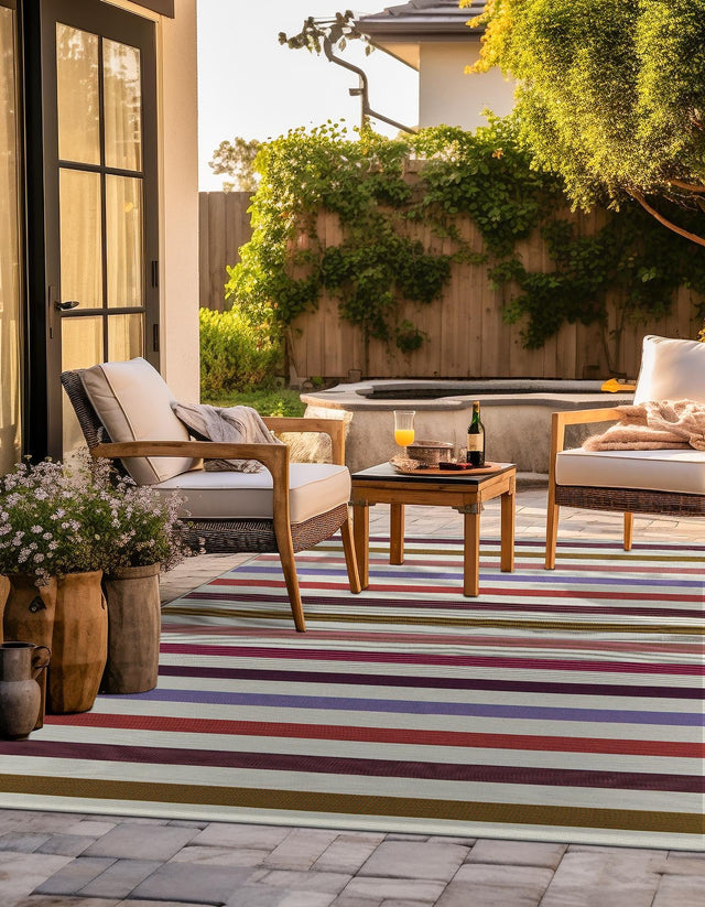 White 7' 10 x 7' 10 Outdoor Striped Square Area Rug Weather Resistant for Patio, Deck, Terrace, Balcony, Porch Geometric Pattern Waterproof Carpet for Sale at Rug Engine