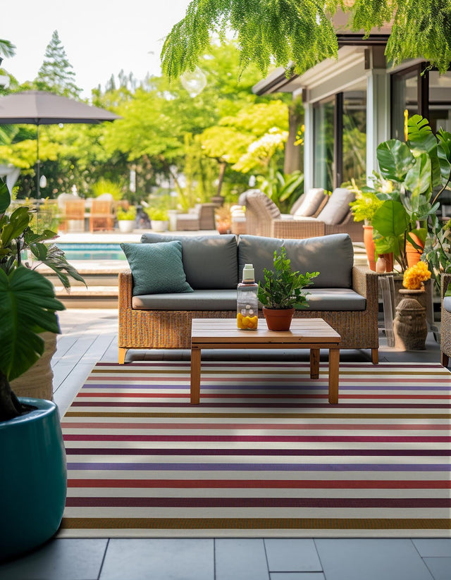 White 10' x 10' Outdoor Striped Square Area Rug Weather Resistant for Patio, Deck, Terrace, Balcony, Porch Geometric Pattern Waterproof Carpet for Sale at Rug Engine