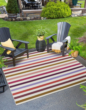 White 10' x 10' Outdoor Striped Square Area Rug Weather Resistant for Patio, Deck, Terrace, Balcony, Porch Geometric Pattern Waterproof Carpet for Sale at Rug Engine