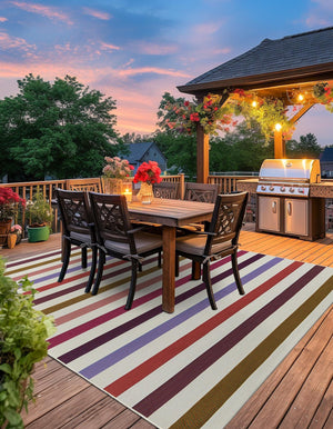 White 7' 10 x 7' 10 Outdoor Striped Square Area Rug Weather Resistant for Patio, Deck, Terrace, Balcony, Porch Geometric Pattern Waterproof Carpet for Sale at Rug Engine