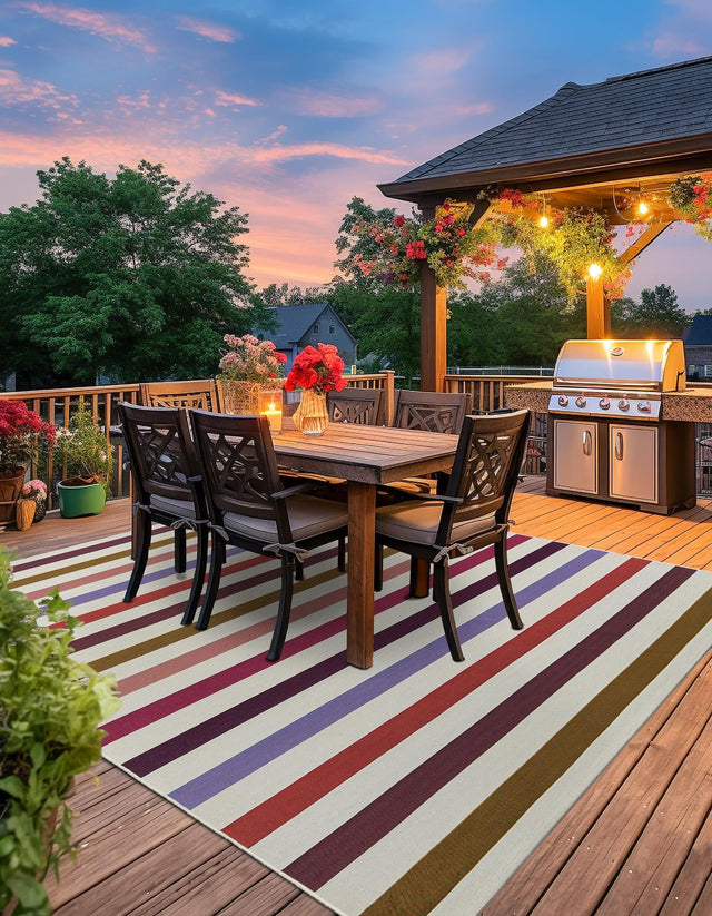 White 7' 10 x 7' 10 Outdoor Striped Square Area Rug Weather Resistant for Patio, Deck, Terrace, Balcony, Porch Geometric Pattern Waterproof Carpet for Sale at Rug Engine